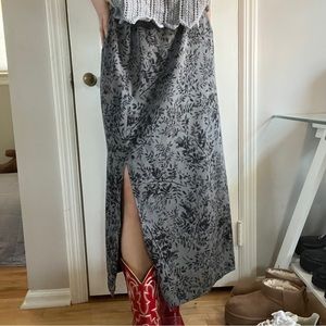 Grey and Black vintage floral long skirt high waist with leg slit
